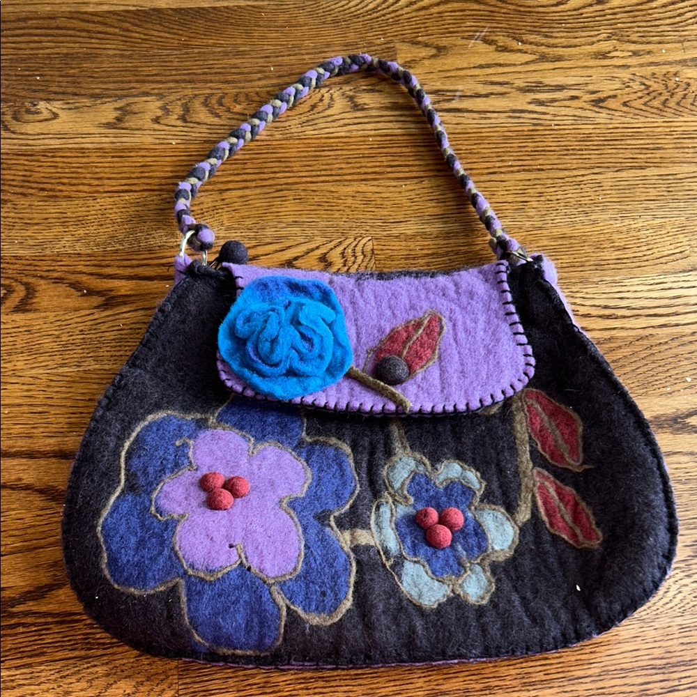 Rising Tide 100% Wool Purple and Black Felt Floral Shoulder Bag Boho